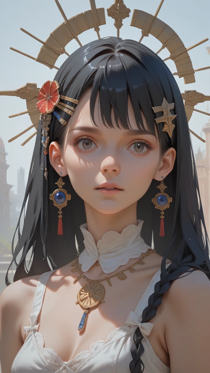 Ruiva Solo, ?????, High resolution, black hair, Olhos azuis, American plan, hair ornament, 