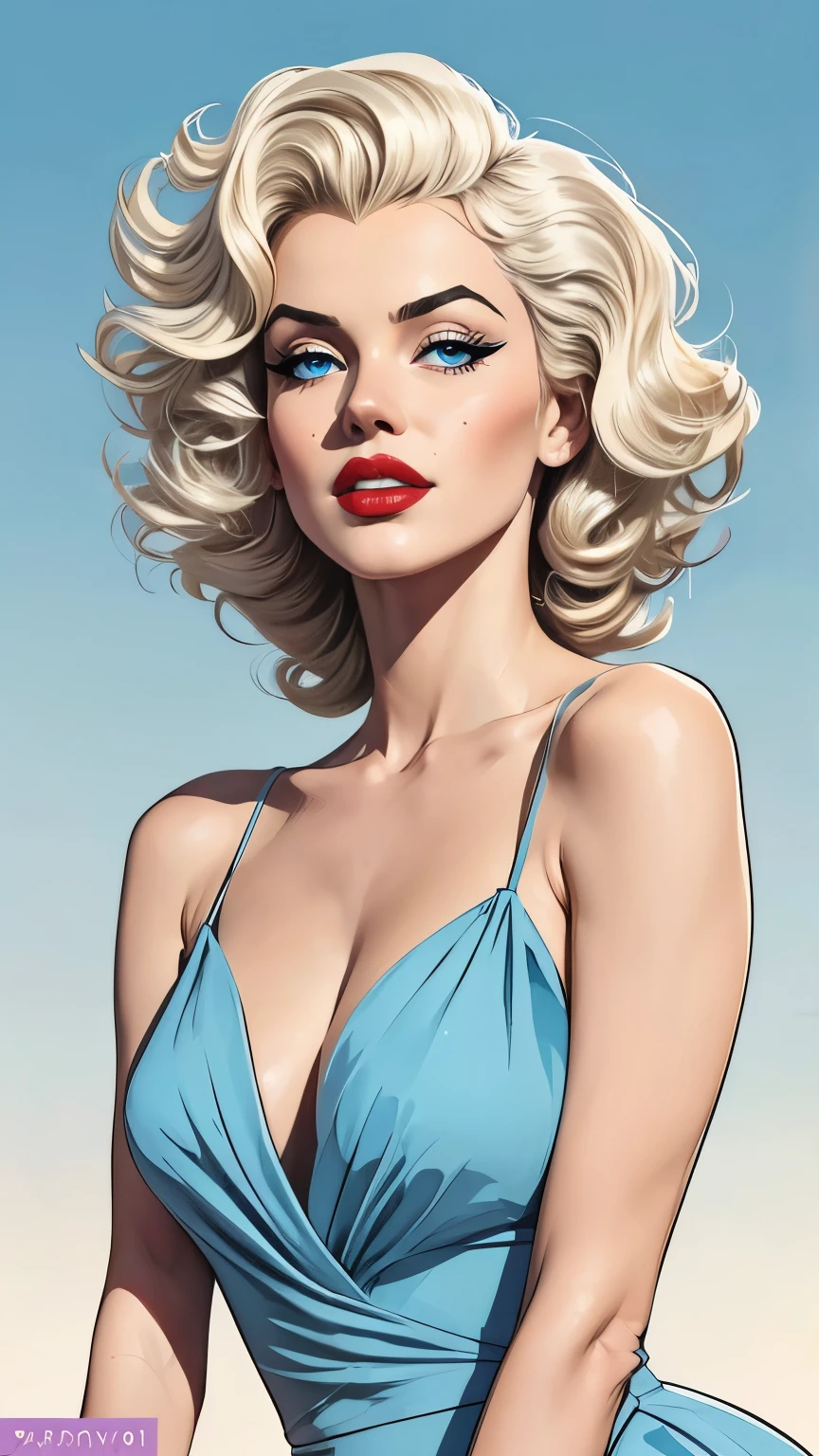 comics cartoon 1.2 style,marina Laswick very very beautiful is Marilyn Monroe,Beautiful skin,georgeous blue eyes,full red lips,georgeous light dress very low cut slit bare arms light sky blue with gold patterns,georgeous very generous chest,georgeous sublime short curly platinum blonde hair,8k coarse rough textures,comics cartoon 1.2 style,highly quality digital painting,glow light,Sharp focus,full body