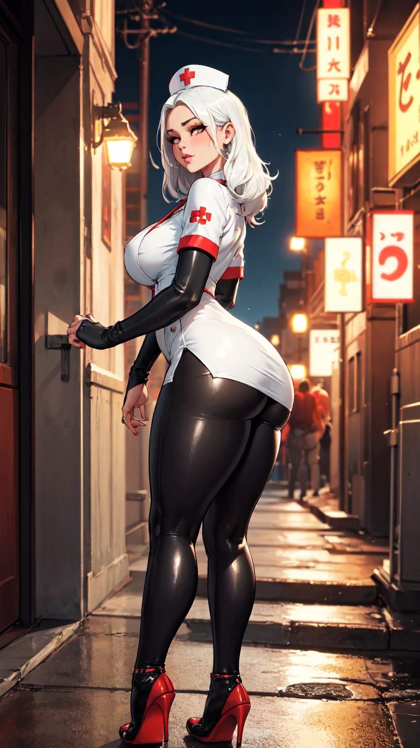 (masterpiece, best quality),1girl with short bob cut hair, white hair, red eyes, pompous red suit, bubble butt, running, alleway, back alley, flooded city, rain, raindrops, (depth of field, ambient lighting), atmospheric, light flares, intricate details, enhanced lighting,