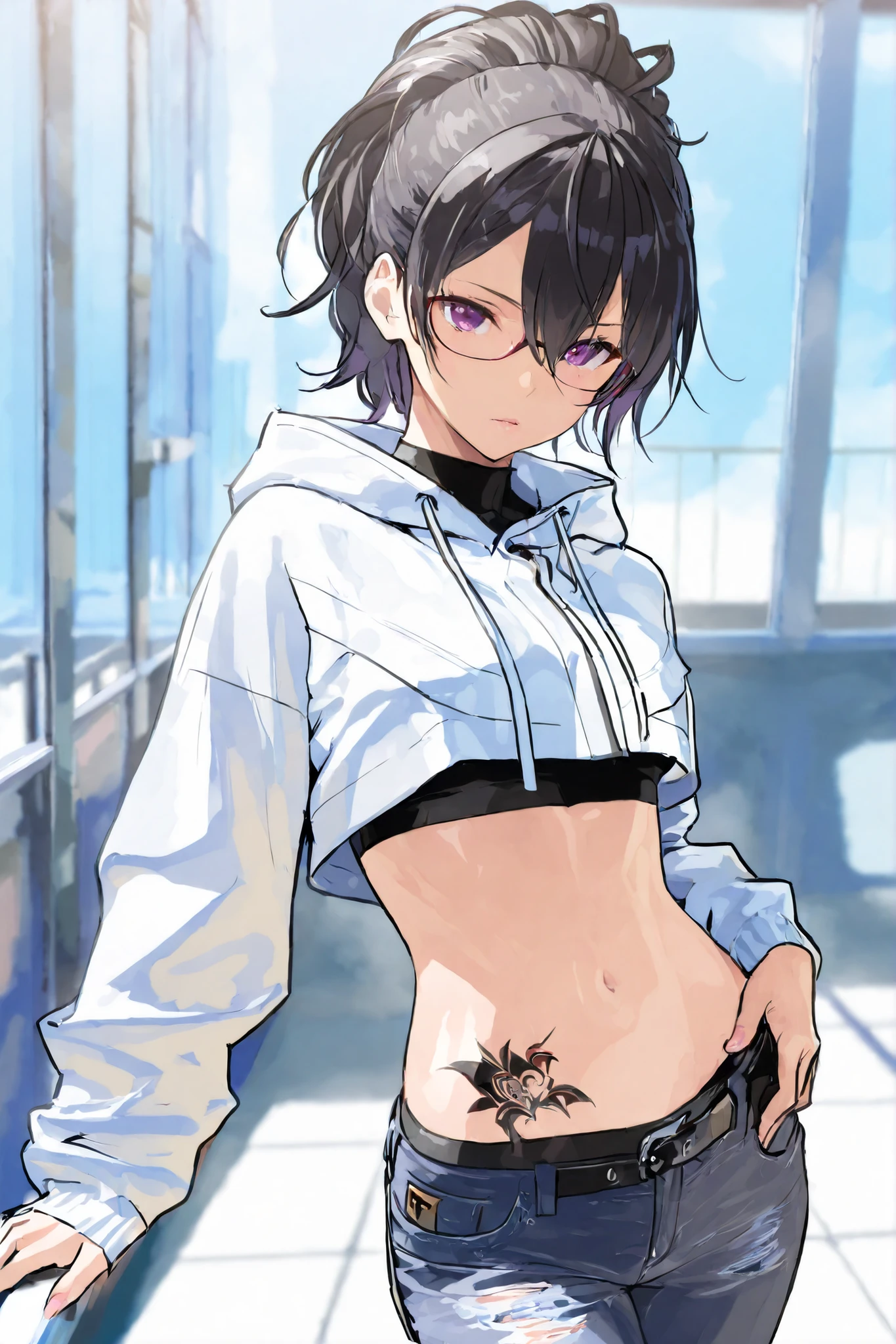 Anime, trap character, Young boy, 18 years old, Long hair, Short clothing, , Male Torso, woman face white top, Black jacket, Tattoo on the navel, Black hair, androgen,  expression, Pink eyes, in the Alley,  expression, Short shorts, 4k good anatomy, masutepiece, Detailed face, Best Quality
