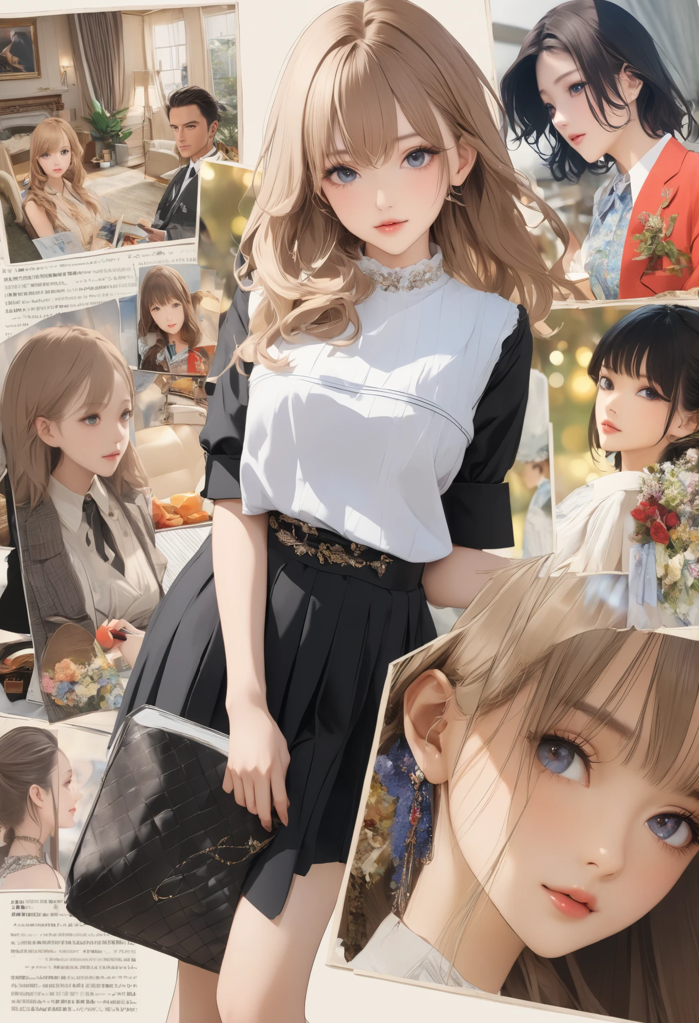newsに貼られた切り絵, Retrocollage, newsに掲載された貴賓室, cut out the model that appeared in the magazine and paste it, aestheticなSense of unityを演出, news紙の上に寝そべっています, high resolution,4K,ultra-detailed depiction,realistic,professional,Vivid Colors,Bokeh,Retro,news,fashion model with split ends due to pubic hair,Crop,collage,High-class interior ,detail,Luxurious,formal,aesthetic,Sense of unity