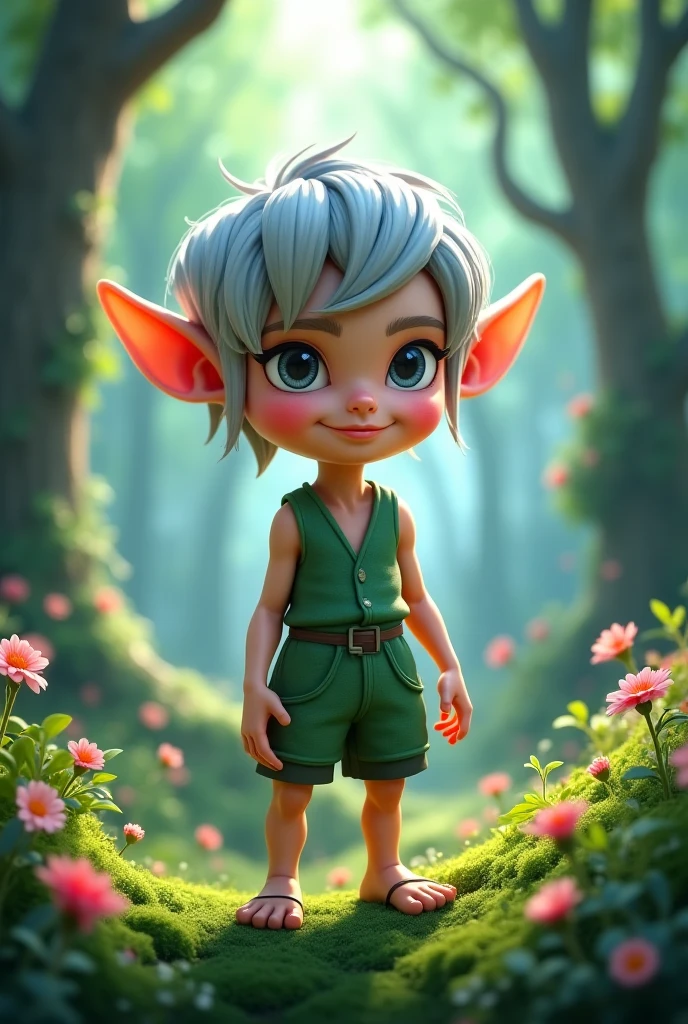 a boy with gray hair and green eyes
