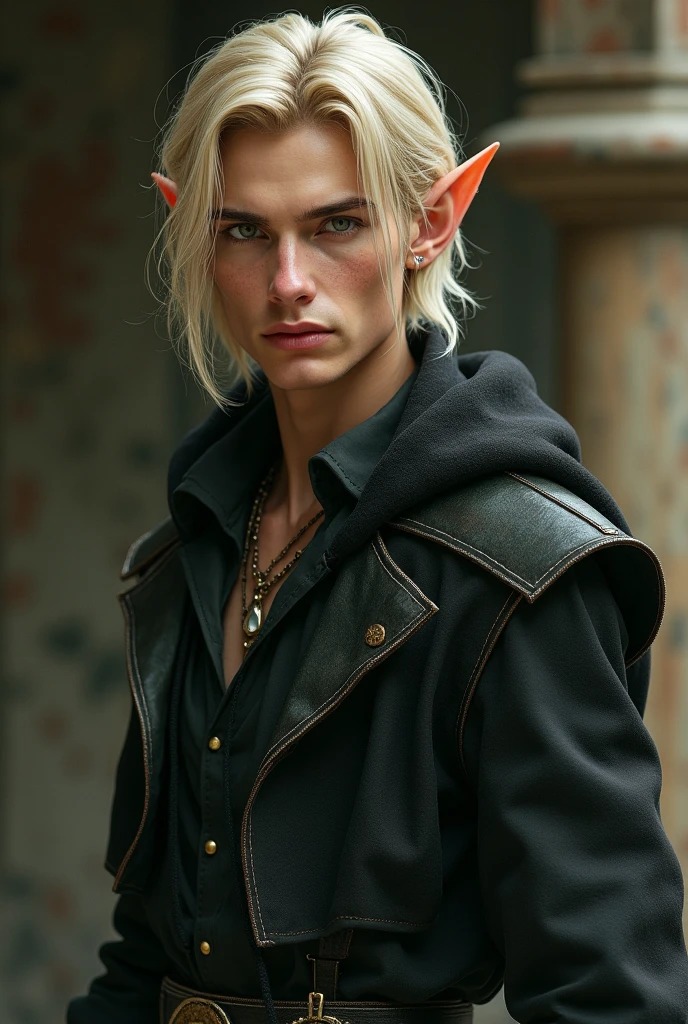 Feminine male with blonde hair in a braid, blue eyes, deer skull mask, black scelras, earrings, blue hoodie and black shorts with brown boots