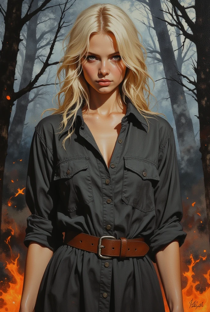 oil painting, sexy woman, 25 years old, blonde, shoulder length hair, dark gray history silk button-down shirt like dress, leather belt, watercolor background of a gloomy forest, black fog, dynamic pose, roaring magic around, fire on the ground, lightning in the sky, portrait, looking straight into the camera, large strokes, high quality details