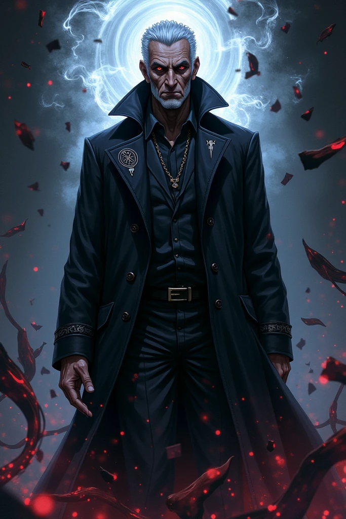 Anime style illustration of Vār-Ka, the enigmatic and feared villain. He is an older man with sharp, intense features and deep-set, penetrating eyes, his expression a mix of authority, cold determination, and eerie melancholy. He wears a long, worn, dark trench coat with subtle, occult symbols embroidered along its edges. An aura of dark, flowing vapor and ink-like shadows surrounds him. The background is mysterious and chaotic, with fragments of ancient cards and swirling symbols that evoke terror, respect, and a sense of impotence. The overall atmosphere is dark, foreboding, and unsettling, designed to intimidate and awe, mixing both respect and terror in a crisp anime style. Y que sea de 45 años