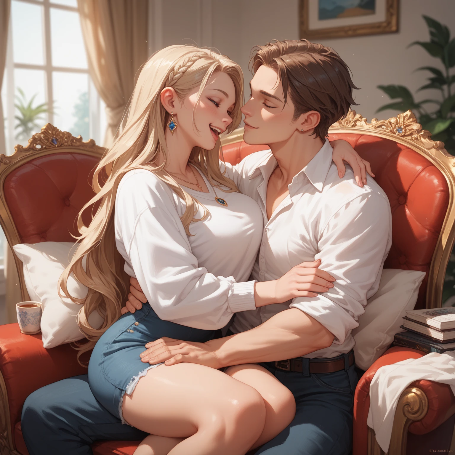  they love each other , He is sitting in a chair, she sits on his lap, she hugs him she has long hair , she's happy 