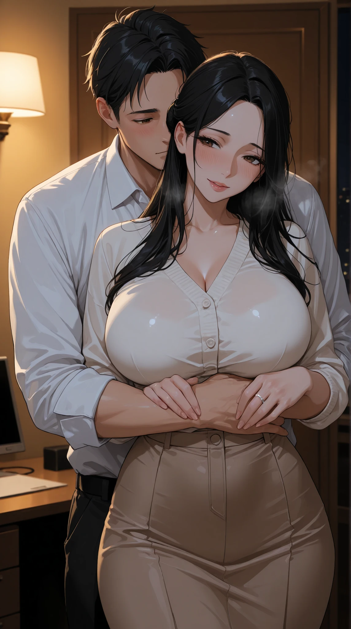 8K, high quality, animation, married woman, fair complexion, beautiful woman, small face, neat, bright, emphasis on eyes, sexy, super big tits, beautiful line drawing. Black hair, white skin, brown eyes, smiling, breast up, ((big tits)), black dress,