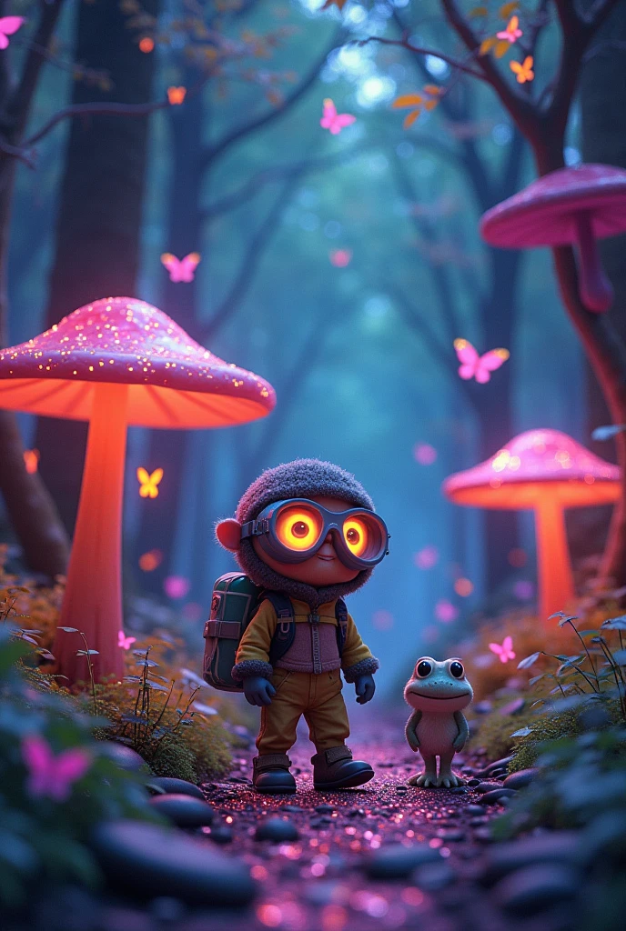 "Karondos, wearing oversized explorer goggles and a backpack made of a giant soda bottle, walks beside Zipo (a tiny fluffy creature with neon stripes) in a glowing forest where trees have candy-colored leaves and smiley faces. Giant mushrooms serve as umbrellas for talking frogs, and rainbow butterflies leave glitter trails. Surreal, magical, ultra-detailed, whimsical lighting."