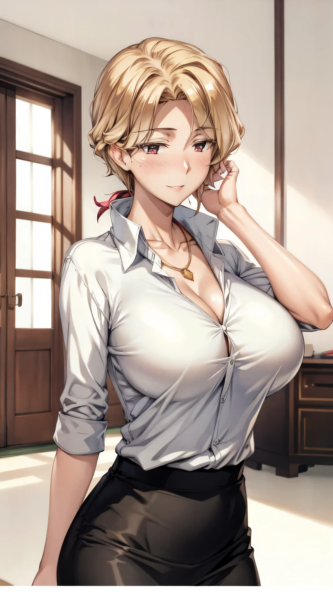 Fraction_9, Fraction_8_direction_7_up, source_Japanese cartoons, 1 girl, solitary, indoors, pale, Mature female, skirt, wearing skirt,Bikini, Green Eyes, Blonde hair,whole body