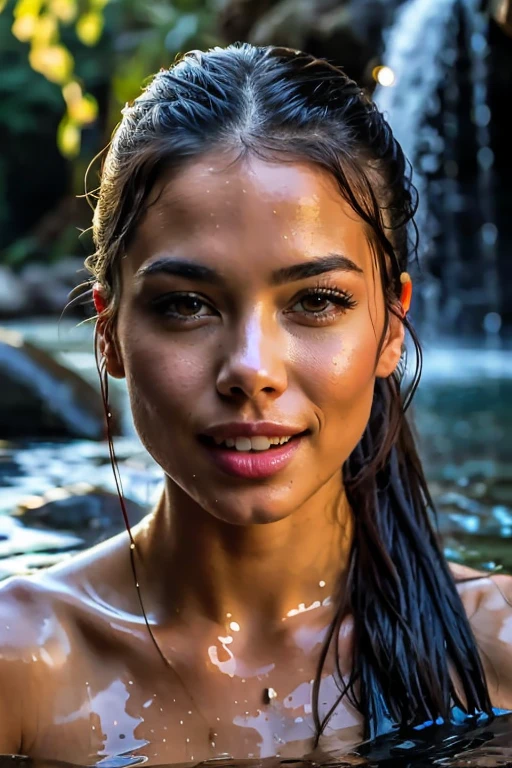 Best quality, masterpiece, super high resolution, a super model soaking in a hot spring in Japan, outdoor hot spring, stone hot spring, surrounded by moss and trees, super beautiful face, bra, black panty, pure body, clear pores visible, seductive smile, (realism:1.5), original photo, soaked body, covered in sweat, bare shoulders, in the dark, deep shadows, low-key, cold light