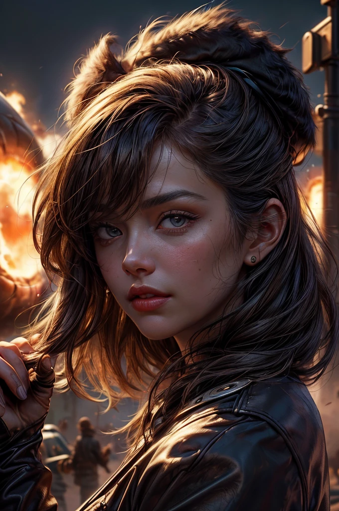 ((A stunningly beautiful young woman with long flowing radiant hair in various punk-style colors, dressed in Mad Max style: a leather pilot's hat adorned with intricate decorations, leather clothing adorned with numerous metal decorations, and inspired clothing punk. She poses dynamically, her expression captivating and self-assured, she looks directly into the camera. The backdrop shows epic lighting of a desolate, desert landscape, with explosions in the background of the scene, air and vehicles exploding in flames. Every detail is rendered with supreme quality, from the cinematic lighting that casts dramatic shadows and reflects off the metal:1.5)),((Imaginative scene)),((perfect, meticulously detailed: 1.4)), ((full shot: 1.4, dynamic pose: 1.3)), ((Best Quality)), ((Masterpiece)), 3D, (Hyper Detailed: 1.3), ((Epic Landscape: 1.3)), (Photorealistic: 1.4), ((Front camera, long shot)), ((Low-light night movie lighting: 1.2)) .32k.