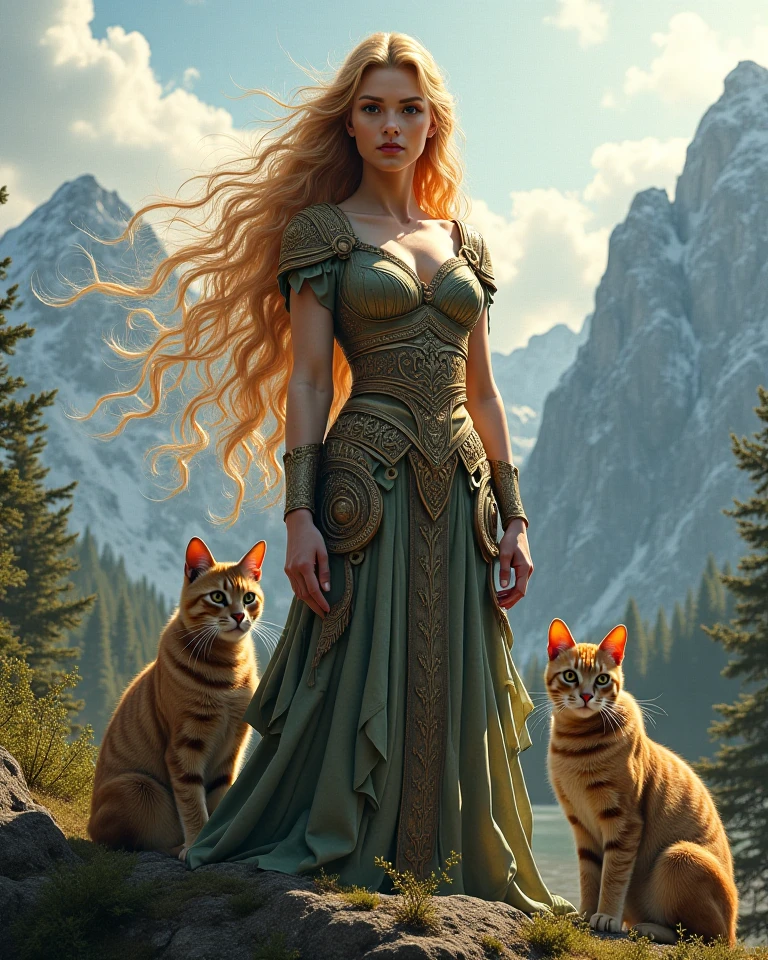 An epic image of the Norse goddess Freya with her cats 
