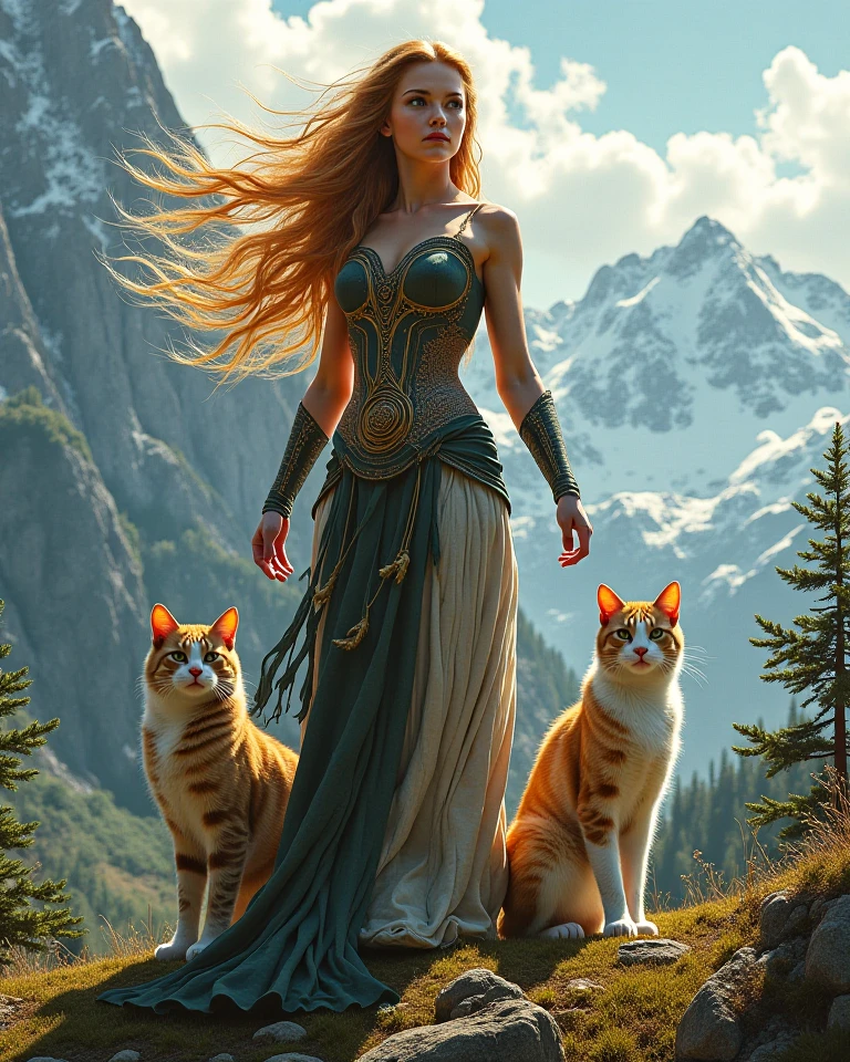 An epic image of the Norse goddess Freya with her cats