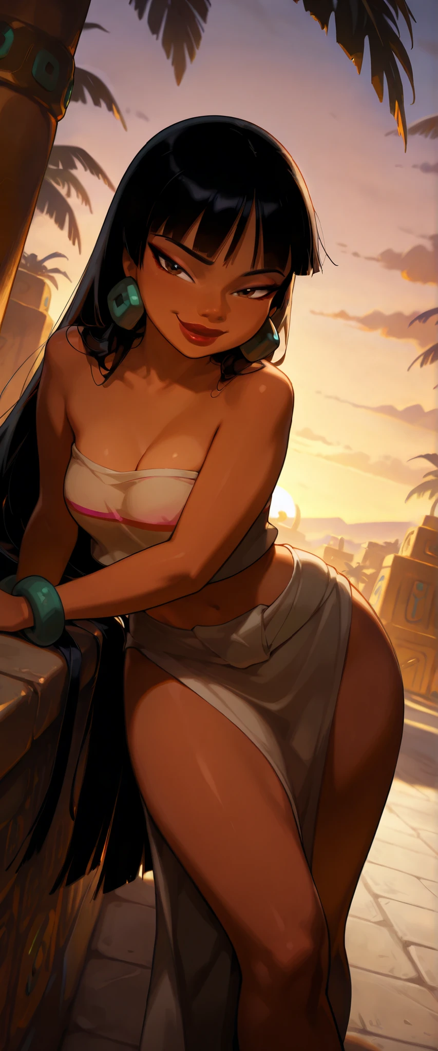8K picture quality、top-quality、masutepiece、An ultra-high picture quality、ultra-detailliert、Ultra-realistic hair quality、Vibrant colors、Beautiful black Woman、Beautiful long hair、Shiny hair、detailed hair、Blue Mesh、ponytail、Blue eyes、shiny dark skin、Lace underwear、Very gigantic-breasts、Sweat on the forehead and cheeks、extremely big ass、Fluffy off-shoulder colorful African dress、A smile、soft pink lips、Ultra-realistic flesh feeling、Red cheeks、summer festival in background,
