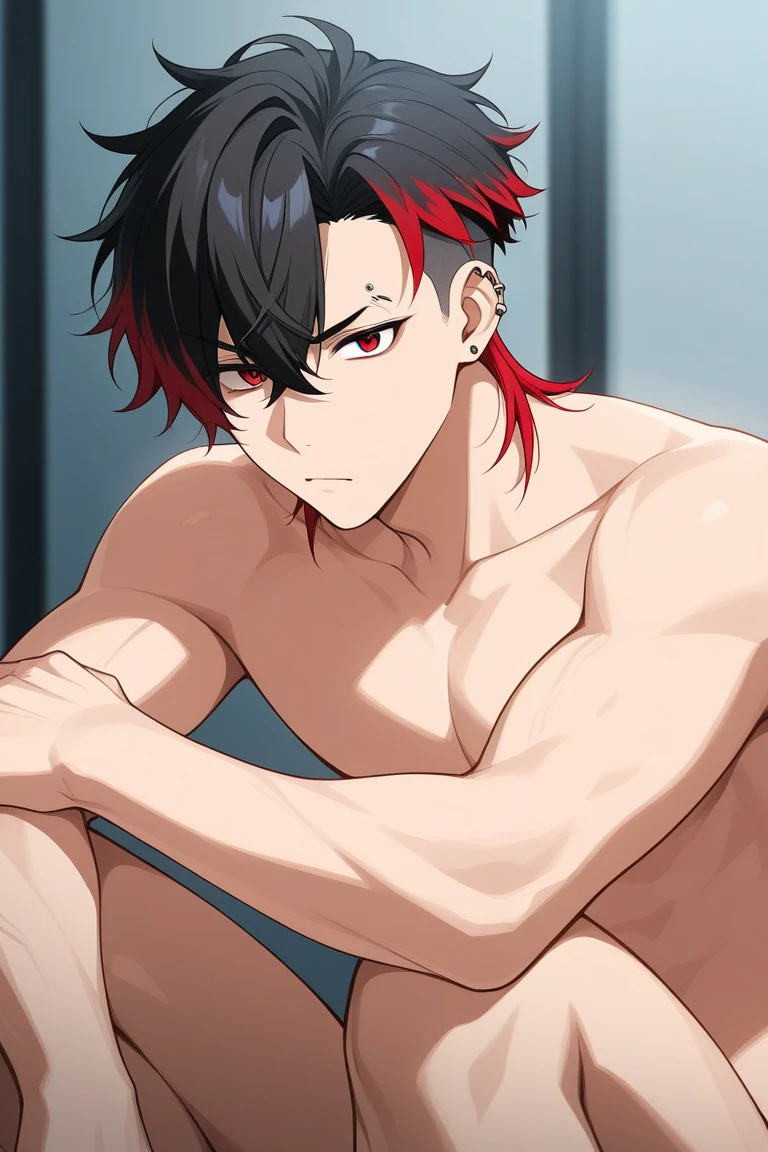 score_9, score_8_up, score_7_up, source_anime, NREAK,  flat color, anime screencap, solo, ikuchan, 1boy, twink, nude, matoi rykou, genderswap, genderbend, indoors, clothed, outfit, masculine, streaked hair, 
