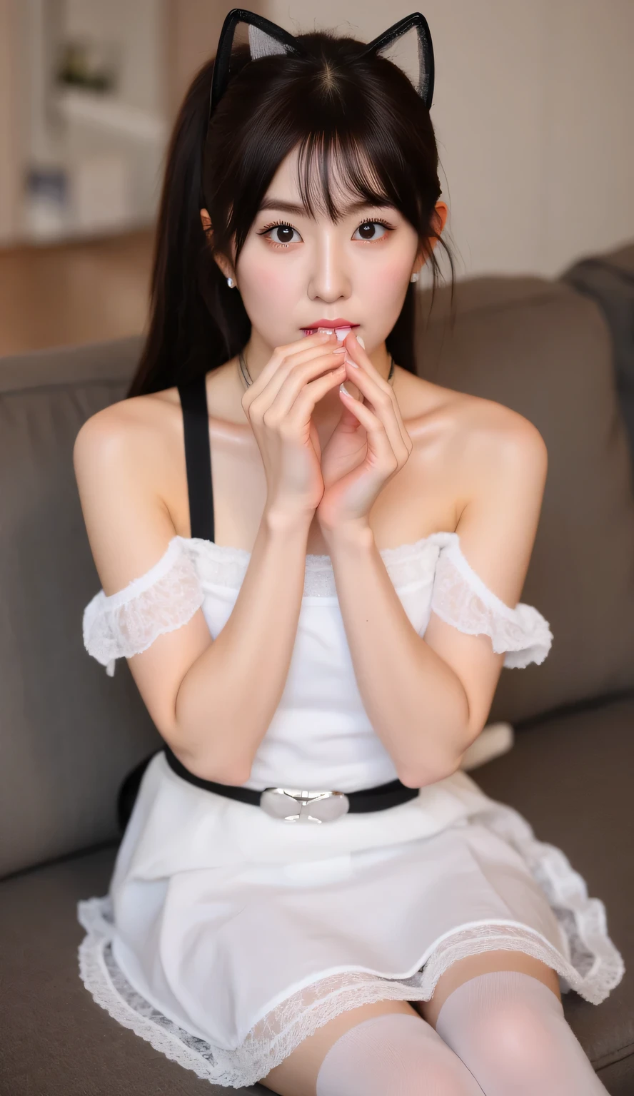 The body is slim、Masterpiece、Highest quality、Highest quality, (long and thin legs, shoes:1.2), Arm behind wrist, squat、Spread your legs、1 girl, Ahegao, Cute eyes, (Detailed face:1.3)、black eye, Open your mouth, The whole face turns red, alone, Big and ample breasts, (Straight bangs, Twin tails), White maid outfit、Side bust、Underbust、belly button、Walking through the mansion&#39;corridor、nsfw