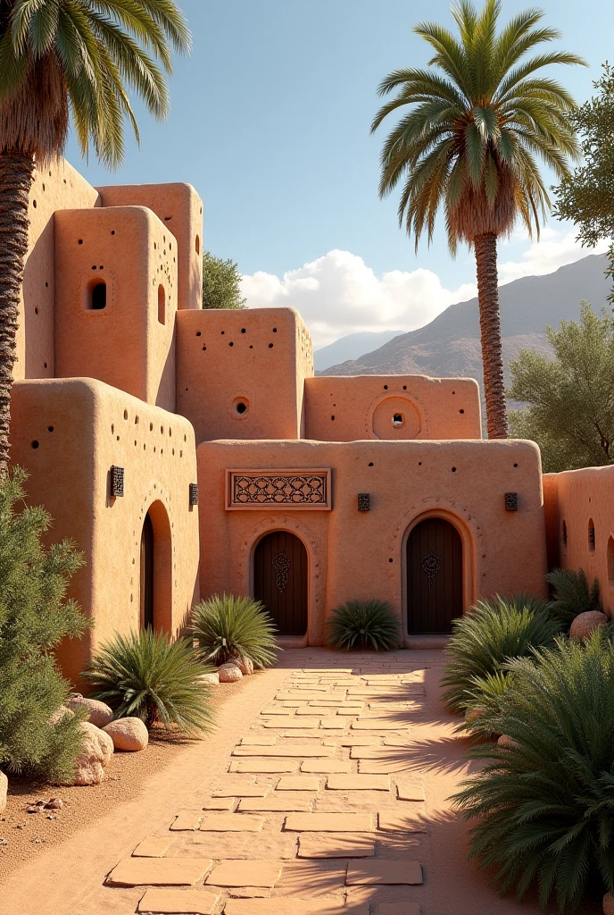 An Berber oasis with mud houses, palm trees and olives