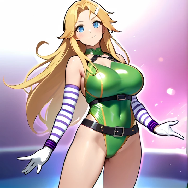 mythra \(xenoblade\), 1girl, bangs, blonde hair, breasts, huge ass, huge breasts, huge thighs, narrow waist, wide hips, thick thighs, curvy, cleavage, open mouth, earrings, eyelashes, floating hair, gem, hair ornament, hairband, headpiece, jewelry, large breasts, long hair, art, pose, sidelocks, smile, tongue sticking out, hands making the peace sign, legs spread, face paint, clown outfit, colorful outfit, skintight outfit, jester hat, pointy shoes, solo, standing, swept bangs, tiara, very long hair, xenoblade chronicles \(series\), (xenoblade chronicles 2),