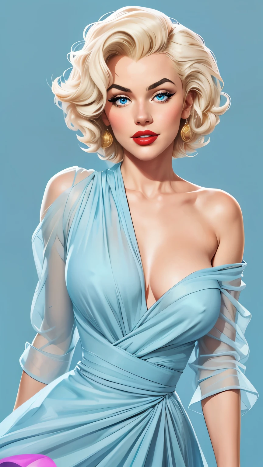 comics cartoon 1.2 style,marina Laswick very very beautiful is Marilyn Monroe,Beautiful skin,georgeous blue eyes,full red lips,georgeous light dress very low cut slit bare arms light sky blue with gold patterns,georgeous very generous chest,georgeous sublime short curly platinum blonde hair,8k coarse rough textures,comics cartoon 1.2 style,highly quality digital painting,glow light,Sharp focus,full body