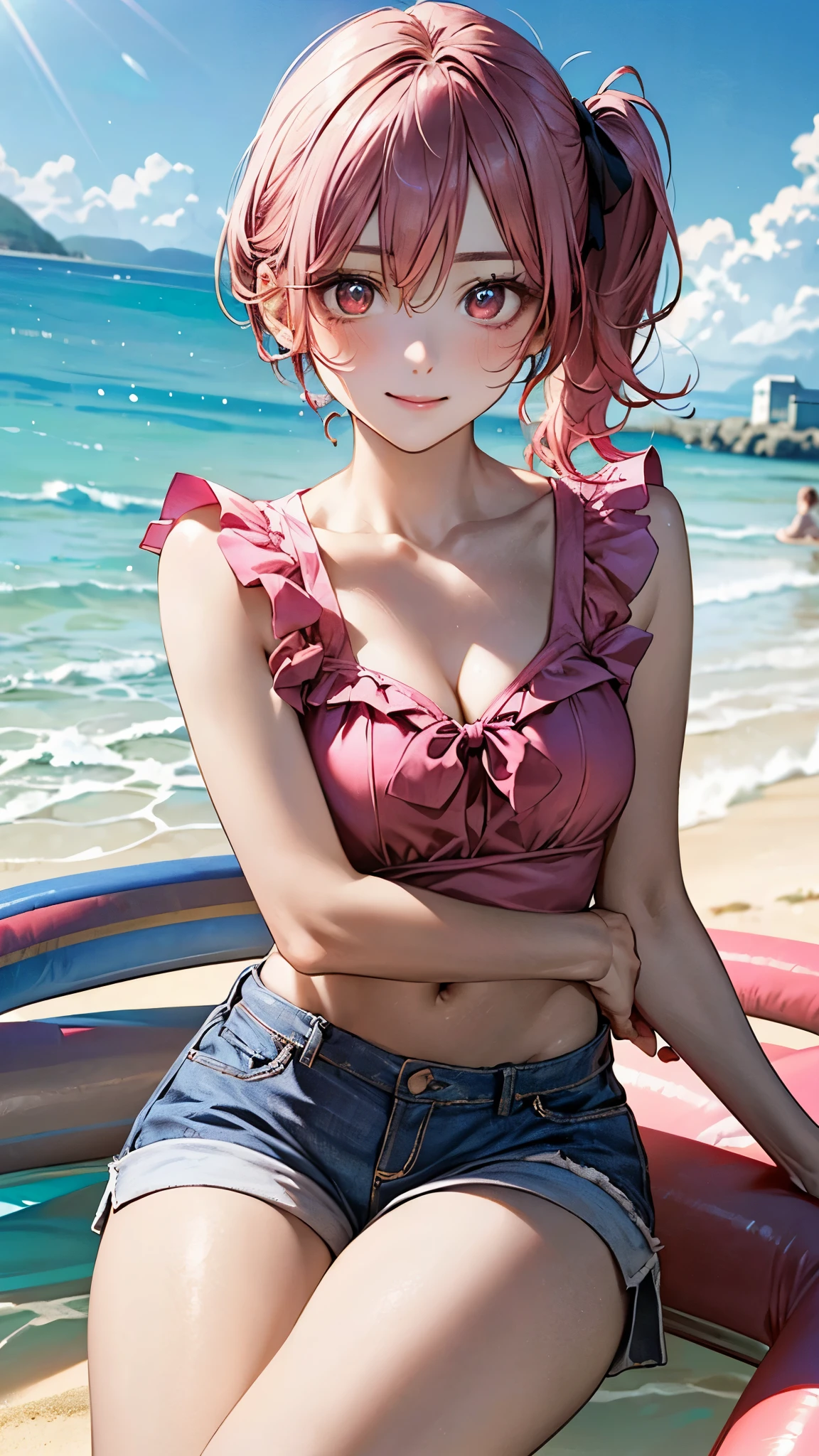 ((top quality, ultra-detailed, high resolution, extremely detailed CG, unity 8k wallpaper, by famous artist, perfect anatomy, super detailed skin, cinematic lighting, UHD, retina, anatomically correct, 1080P)), (Please draw a single one girl in the beach:1.3), ((1girl)), (Solo, face,13-year-old:2.0), a junior high school student, ((cute petit girl, chibi, babyface)) androgynous charm, (Medium hair, ((full red hair)) ((redhead)), pigtails, straight bangs, with a bow in her hair, ((very thin legs)), ((skinny legs, thin body, small build)), Full limbs, complete fingers, ((perfect fingers and hands)), flat chest, small breasts, childish body, small butt, groin, Beautiful detailed full yellow gold eyes, perfect eyes, ((cute kawaii blue and pink dress)) (Detailed Lighting), (beach background)), (Detailed scenary background), ((beach)), full body view, Cute, kawaii single girl (one girl), full body shot, ((little young 13 years old body:1.3)), ((kneeling:1.3)), ((long skirt)), ((five fingers for each hand)), ((red hair girl:1.3))