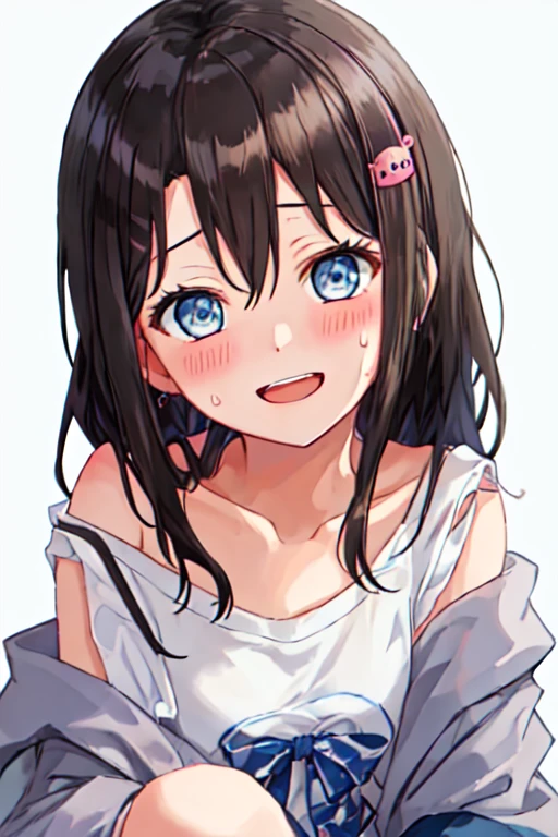 side view,face focus,open mouth,tongue out,cum on tongue,lick,(1girl,Beautiful 16 year old girl),((Slender,Baby Face,Small face)),looking at viewer,look up,Black Hair,bangs,two side up,Gray Eyes,Drooping eyes,slit pupils,narrow eyes,sexy sweater,midriff peek,bare shoulder,Denim shorts,Beautiful and detailed anime art,Mischievous smile,Dimly lit room,Simple Background,Gray background,Low lighting