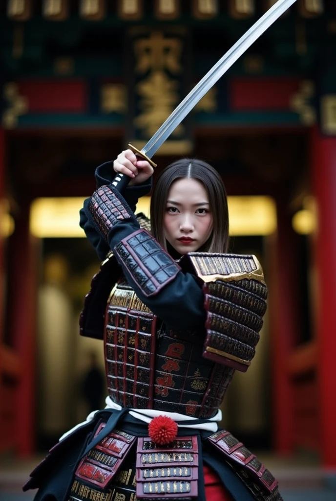  両手でJapan刀を持つ女性剣士、  Raise Your Sword During Battle 、elegant、strict、Japanの美しさ、甲冑、night、on the bridge、Japan、period drama、