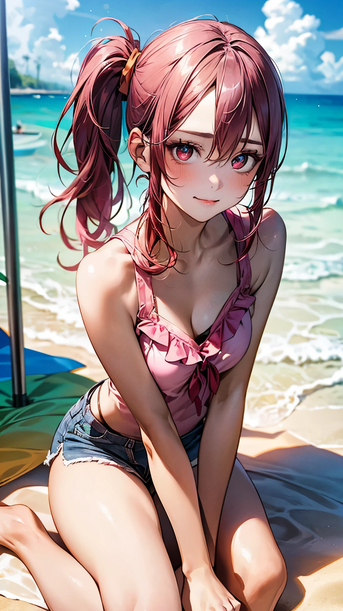 Ultra HD、super high quality、masterpiece、detailed、8K、The location is the beach、The Sunshine、Flowing Clouds、Calm waves、A 15-year-old high school girl is sweating、The high school girl is Russian and has long pink hair.、Have pink eyes、She has a flower tattoo and a glamorous figure.、She is wearing a cute pink bikini with frills.、Pretty sexy