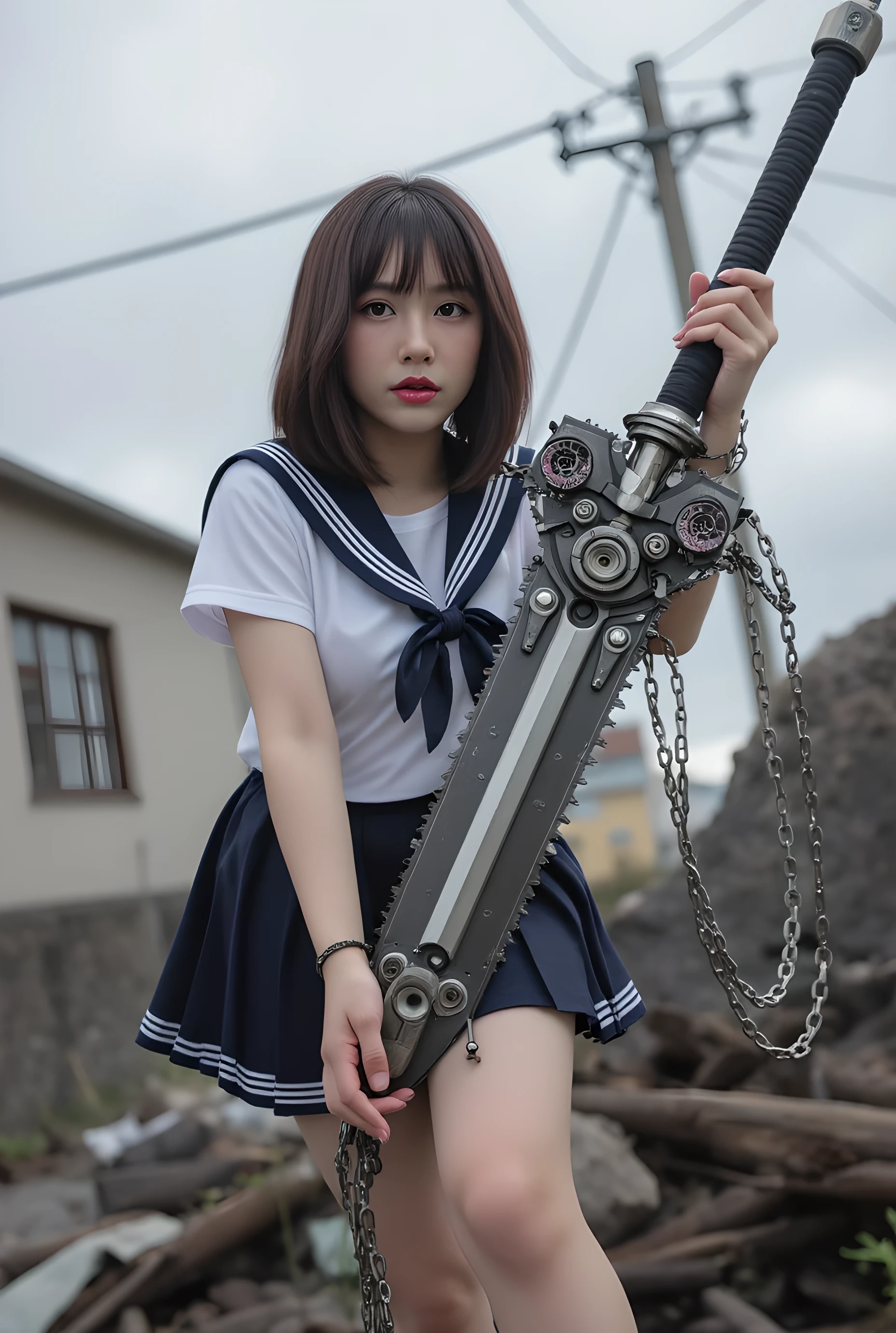 GOD EATER, a commanding figure of a Japanese girl in a sailor school uniform miniskirt stands in a dystopian urban setting, ((wielding a massive, highly detailed mechanical chainsaw-like sword covered in complex mechanical parts , gears and rivets, very steely. The other hand is wrapped in chains, giving it a sinister appearance))). (((The girls frailty contrasts greatly with the mechanical chainsaw-like sword))), adding to the mysterious and intimidating presence. The backdrop is of dilapidated buildings and power lines, set against a gray sky, enhancing the desolate and industrial atmosphere of the scene. The overall image exudes a sense of power, danger, and a post-apocalyptic feel. Beautiful face with ultra-realistic and exquisite facial features. ,Ultra-detailed, F-GVA mechanical chainsaw sword
