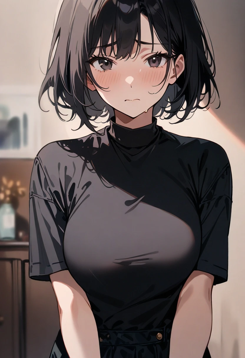 ((highest quality, High resolution, Perfect Pixel, Written boundary depth, 8k)), 1 girl, high school student, beautiful girl, Perfect Face, Baby Face, ((Red eyes:1.4, Beautiful eyelashes, Realistic eyes)), (Detailed face, blush:1.4), nice smile, ((Brown Hair,short hair, Curly Hair:0.7)), ((Smooth texture:0.75, Realistic texture:0.65)), Medium chest, Perfect body, A little thin,Beautiful thighs, (Light brown sweater), Not wearing pants, Home Date