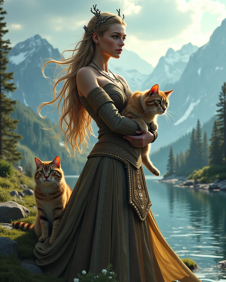 An epic image of the Norse goddess Freya with her cats in her arms 