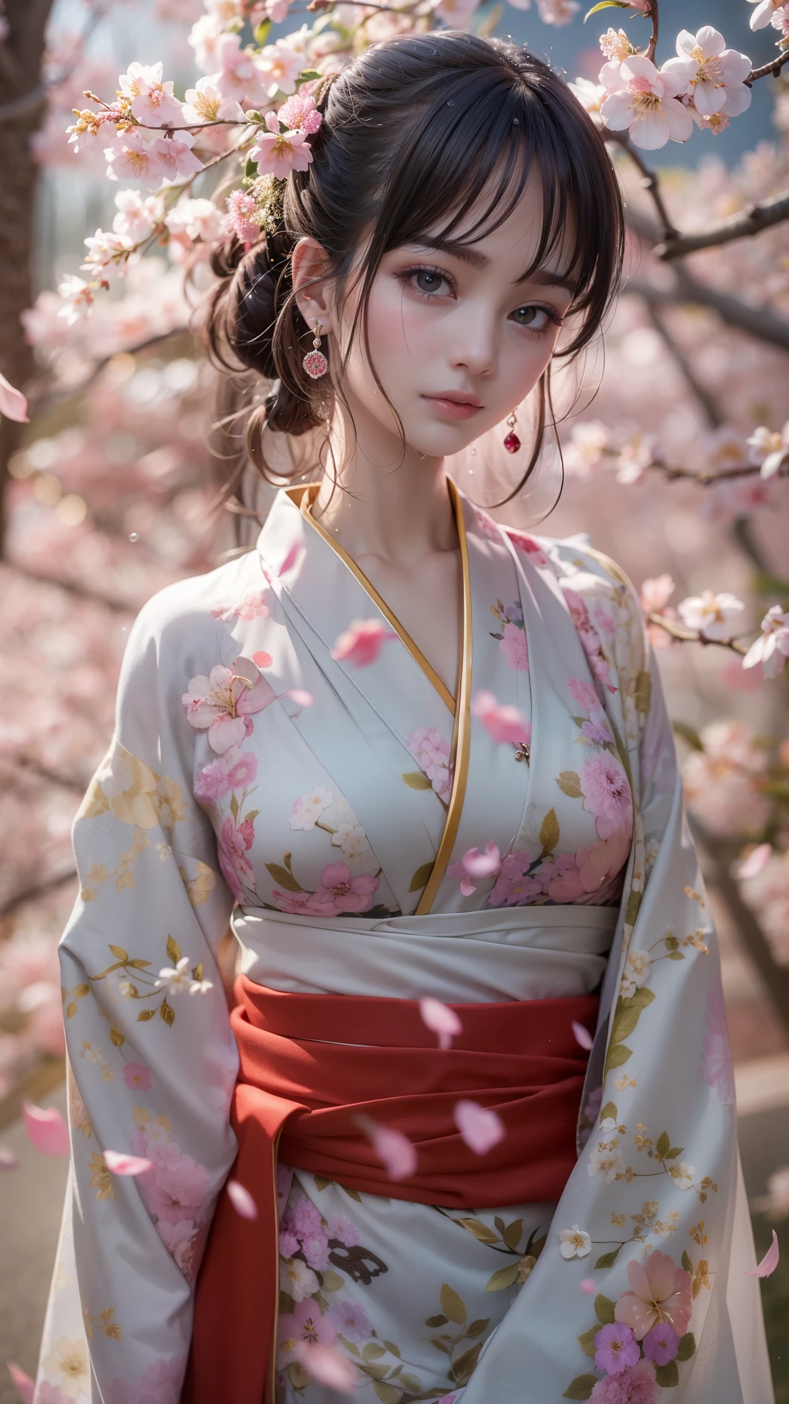 (32K, top quality, masterpiece, photorealistic, Ultra Fine), ((Cherry Blossom Petals, Big Cherry Blossom Tree)), blurry background, very detailed skin and face textures:1.3, Perfect dynamic composition dressed in professional red:1.4, (Modern Urban Shrine Night, Expression of futility:1.4, is crying, Heartbreaking :1.0), Slim Woman, perfect style for extra thick huge ??????, Beautiful and Sophisticated, Natural Makeup, Solemn , Beautiful eyebrows, white skin, (Wear a professional hakama, I have a bouquet of cherry blossoms), (very beautiful face:0.8, Beautiful ?????? Eyes:0.8, overly sensual:1.0, seductive:0.8), ???? beauty, ??????????????,   ????? gap, earrings, wedding rings, wet body, wet hair, after rain, drops of water on the skin