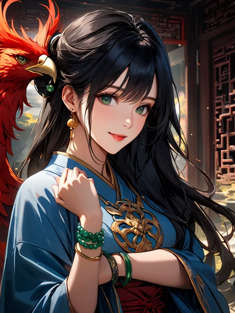 HDR, 8K, high contrast, masterpiece, best quality, amazing quality, realistic, very aesthetic, high resolution, ultra-detailed, smooth skin, Photorealistic,  beautiful woman, 28 years old mature looking woman, A 28 years old woman in red and blue ancient robe with phoenix design on it, a jade hairpin, long black hair, beautiful married woman , emerald green eyes, green jade bangle on her wrist, a blue pendant on her neck, a gentle smile on her face, standing in a ancient traditional chinese room, cinematic lightening, masterclass, HDR , eastern fantasy concept, high quality anime art,