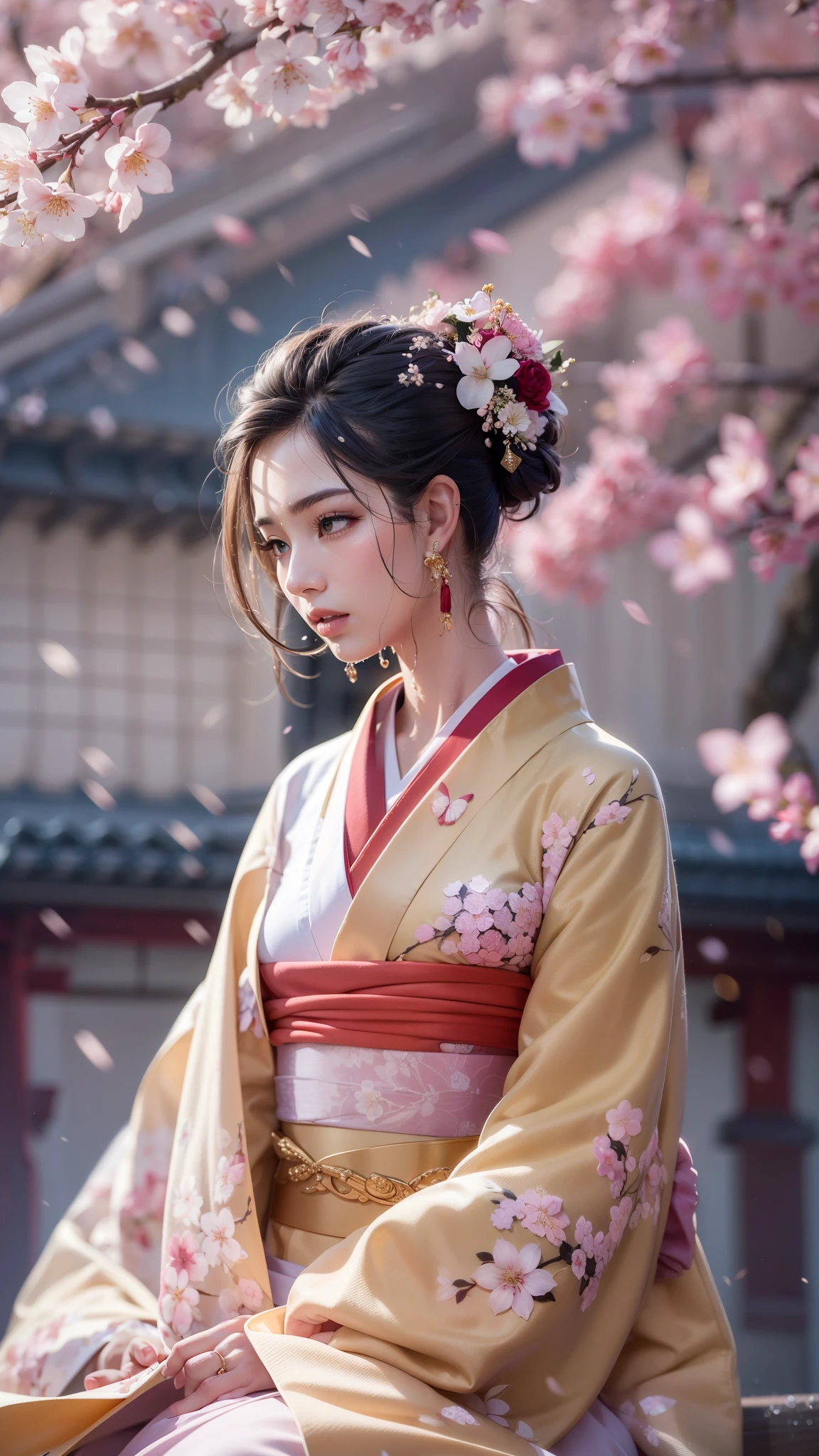 (32K, top quality, masterpiece, photorealistic, Ultra High Resolution), ((Cherry Blossom Petals, Big Cherry Blossom Tree)), blurry background, very detailed skin and face textures:1.3, perfect dynamic composition:1.3, (Night at a Heian Shrine, Expression of futility:1.4, is crying:0.6, Heartbreaking :1.0), Slim Woman, perfect style for extra thick huge dildos, Beautiful and Sophisticated, Natural Makeup, Beautiful eyebrows, white skin, (I'm wearing a professional golden kimono, I have a bouquet of cherry blossoms), (very beautiful face:0.8, Beautiful Erotic Eyes:0.8, overly sensual:1.0, sexy:0.8),  AMAZING BEAUTY , medium breasts,   chest gap, earrings, wedding rings, Wet body, wet hair, after rain, drops of water on the skin, sorrow, elegant, Solemn,  Spectacular , Supple, Luxurious