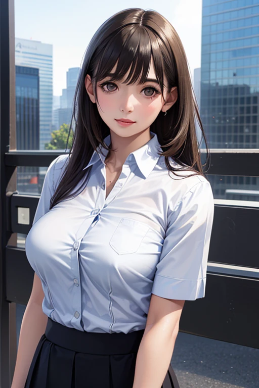 pixel-Hinata as a schoolgirl with a white shirt and a red tie, necktie, big breasts, 1girl, upper body, standing, masterpiece, photorealistic, realistic, (RAW photo, 8k uhd, film grain), caustics, subsurface scattering, <hypernet:myhands_22k:0.75> <lora:hinata-Hyuga-LoRA:0.75>