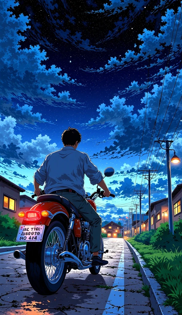 Hideto Suzuki's painting style; joven con una moto en una  choline  viendo el cielo,   choline .  cielo noche 