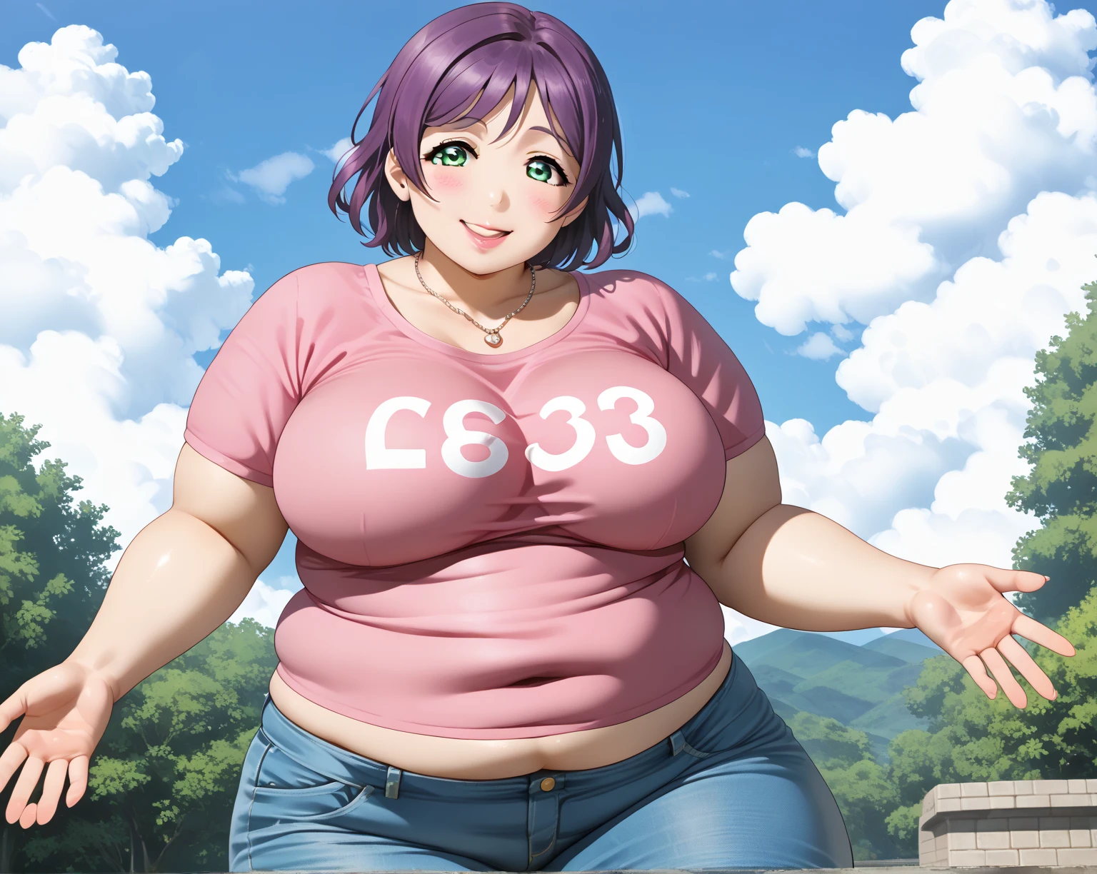Magazine cover, Dora, sexy pose, big breasts, curvy, smile, bob haircut, purple crop top, orange mini shorts, purple backpack