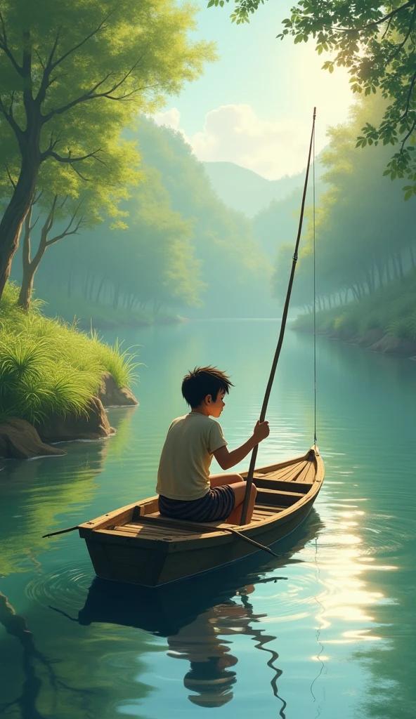 ছবি বর্ণনা:
প্রাকৃতিক শান্ত পরিবেশ। নদীর পাড়ে গাছপালা, সূর্যের আলো পানির ওপর ঝিকিমিকি করছে। একটি ছোট কাঠের নৌকায় একজন যুবক জেলে বসে আছেন। তাঁর হাতে বৈঠা, ধীরে ধীরে নৌকা চালিয়ে নদীর মাঝখানে যাচ্ছেন।