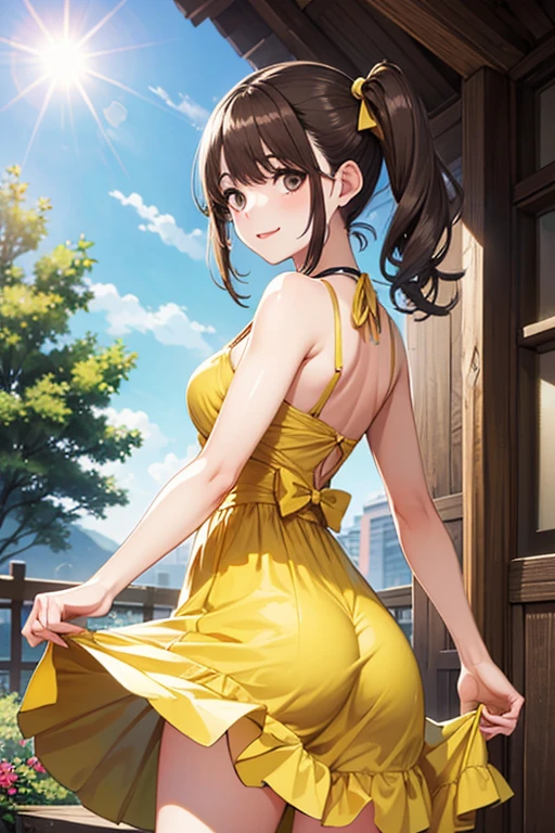 masterpiece, best quality, 1girl, <lora:ichinoseyayoi-nvwls-v1-000009:0.9> ichinoseyayoi, glasses, closed eyes, large breasts, bike helmet, yellow sundress, from behind, garden, city, blue sky, smile  <lora:edgChamYellowSundress:0.4> edgYSD,woman wearing a yellow sundress