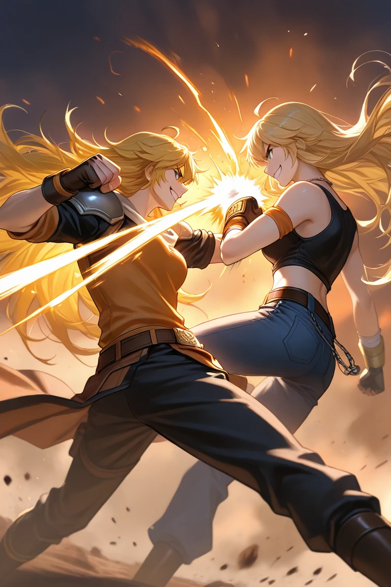 punching, 1girl, 1boy, duel, battle, grin, long_hair, smile, yang_xiao_long