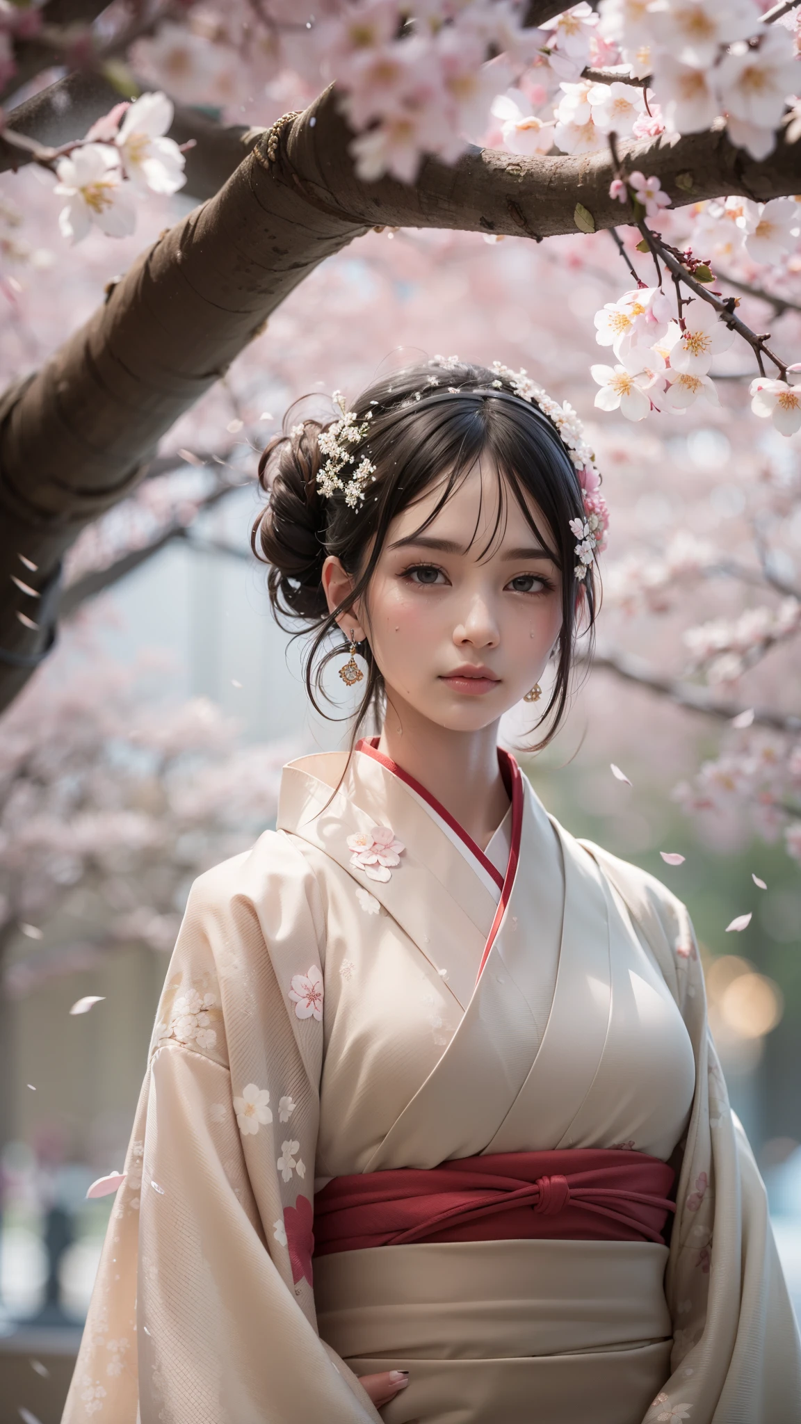 (32K, top quality, masterpiece, photorealistic, Ultra Fine), ((Cherry Blossom Petals, Big Cherry Blossom Tree)), blurry background, very detailed skin and face textures:1.3, perfect dynamic composition:1.3, (Night at a shrine in the Edo period, Expression of futility:1.4, is crying, Heartbreaking :1.0), Slim Woman, perfect style for extra thick huge dildos, Beautiful and Sophisticated, Natural Makeup, Beautiful eyebrows, white skin, (I'm wearing a professional light-colored hakama, I have a bouquet of cherry blossoms), (very beautiful face:0.8, Beautiful Erotic Eyes:0.8, overly sensual:1.0, seductive:0.8),  AMAZING BEAUTY , medium breasts,   chest gap, earrings, wedding rings, wet body, wet hair, after rain, drops of water on the skin, Solemn,  Spectacular 