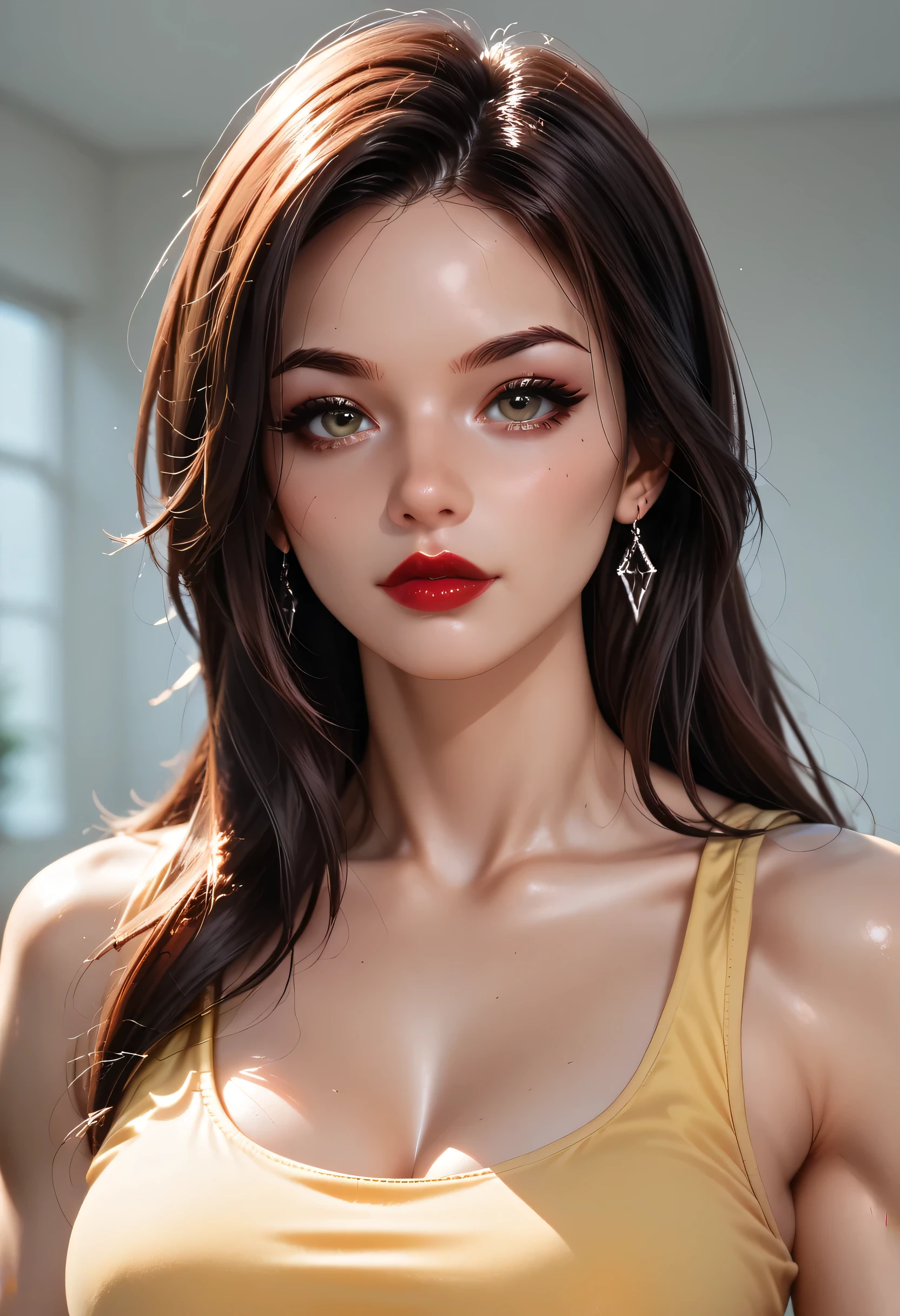 (Female muscles, Abs) (Face, Perfect, Beautiful Woman) (Emo Straight Hair, Red Straight Hair, Black Thin Eyebrows, Pink Rogue, Red Lips, Perfect Face, Beautiful Woman) (Yellow Tank Top, Beautiful), (Looking At Viewer)