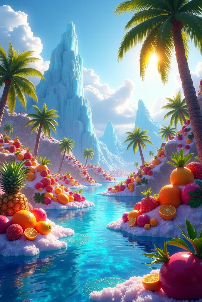 Its seas vibrate with waves of tropical juices:  Passion Fruit , piña, mango and red fruits that intertwine in swirls of color. The mountains are made of crushed ice with bright syrups that drip slowly like sweet glaciers. Iced rivers of matcha tea, lemonade with mint and Jamaican water flow between valleys covered with sparkling gem-like cubes. In their sky float fluffy clouds of frappes and coconut foam, and the wind blows with the scent of fresh mint and citrus.
Trees grow loaded with icy glasses with colored straws, and the lakes bubble with artisanal sodas and sparkling drinks. Under a soft and translucent sun like amber ice, everything invites a slow and icy sip.
It is a world of eternal freshness, where thirst doesn't exist... just the pleasure of a A cold drink that never runs out.



