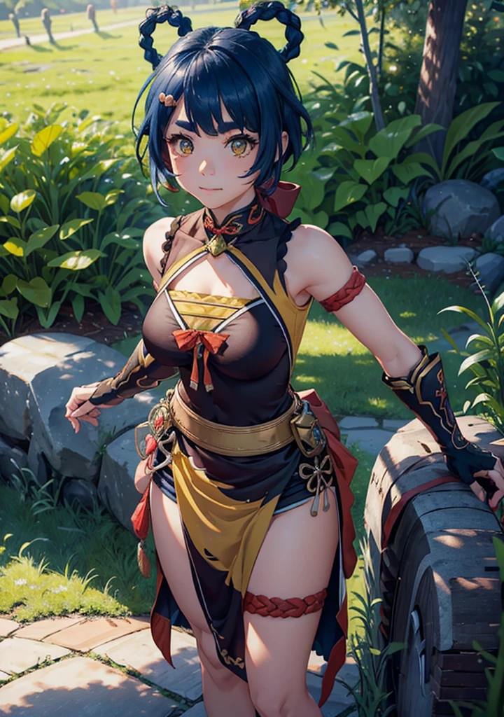 masterpiece, top quality, high detailed, detailed face, bright Eyes, outdoor, blurred background, dynamic poses, dynamic angle, (from the front),standing, (small breasts),(pokies),(see through dress),(Looking forward:1.5), xianglingdef,joyful, laughing, hot and spicy, happy, in a old traditional Chinese restaurant