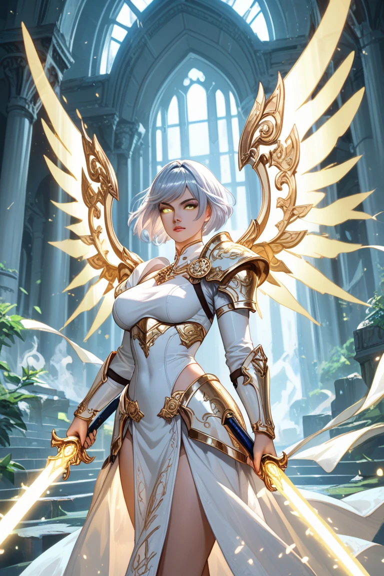 (best quality,4k,highres,masterpiece:1.2), full standing picture, tanned skin, gold eyes, twin ponytails, long eyelashes, big boobs, gold necklace, white feathered wings, gold paladin armour, long dress