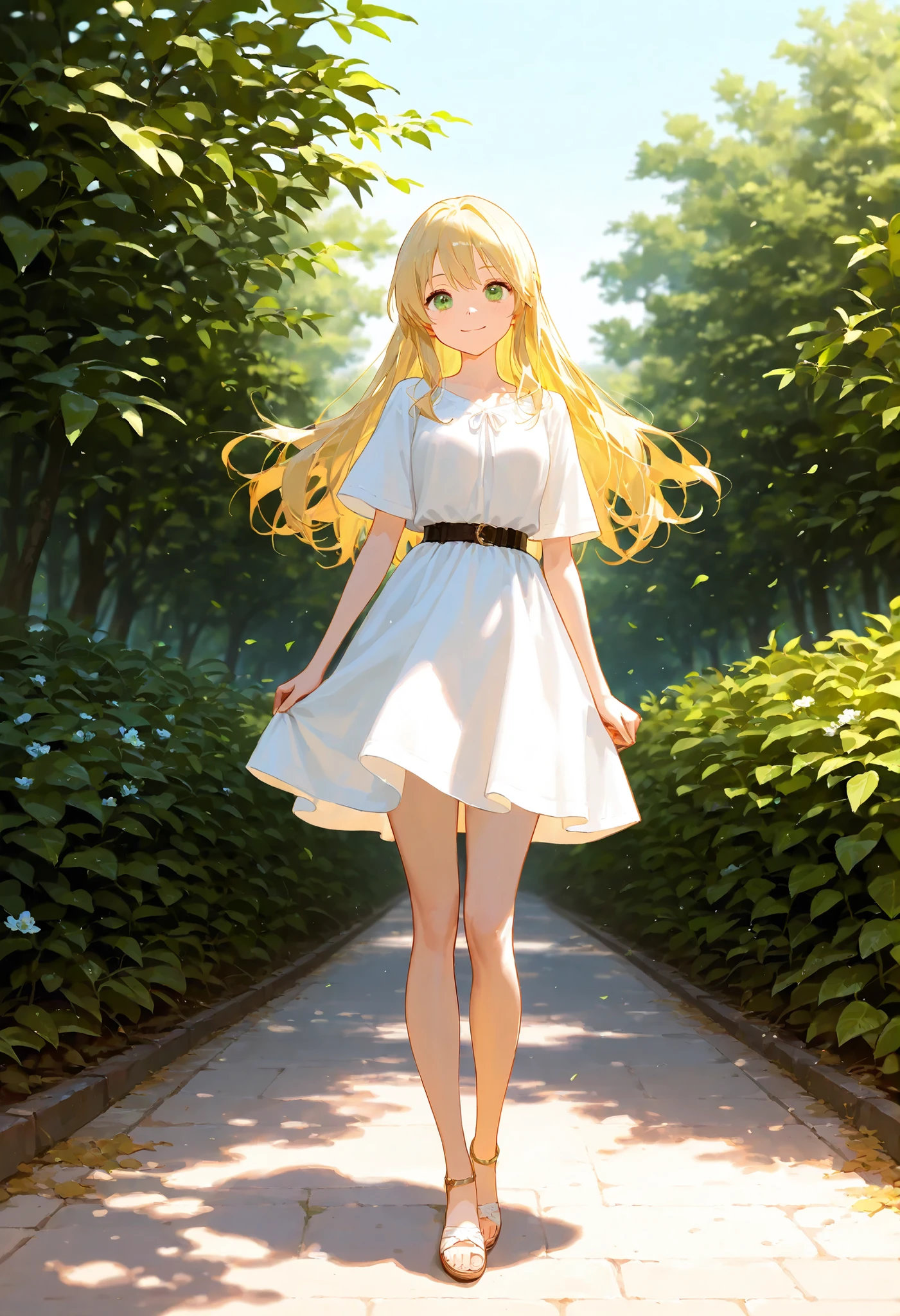 artist:, 1girl,full body, outdoor, smile, blonde hair, long hair, green eyes, detailxl, masterpiece, best quality, Good quality, very aesthetic