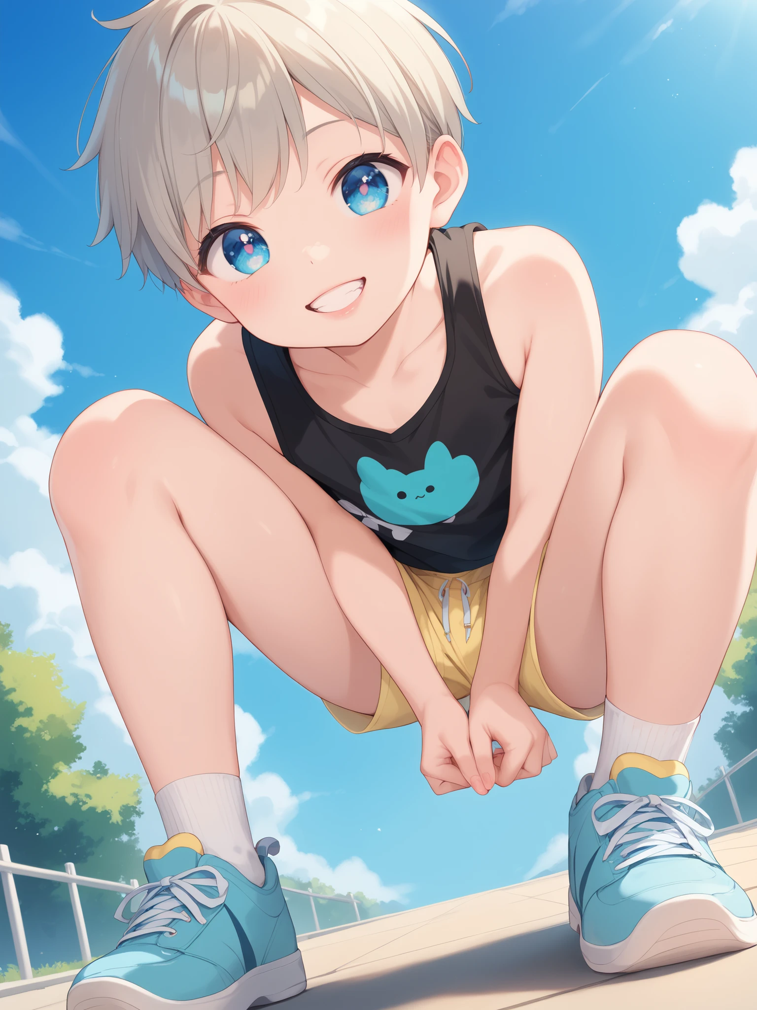 (Solo), (Full body shot), (1 boy), ((about )), (Young boy), (Cute), Happy, (Golden silver hair), (Baby face, round face), (Big cute eyes), ((Sky blue clear eyes)), ((Mischievous expression)), (Half-open lips), (Healthy teeth),
BREAK, (Narrow shoulders), (((bare shoulders))), (Black sleeveless tank top under hoodie), (Beige short-sleeved hoodie), Cotton shorts, Socks, (Black and white colored sneakers), (Arms on waist), ((Bent forward)), (Character focus), Pretty thighs, Slim thighs,
BREAK, (Masterpiece), Top quality, High quality, (High detail), High resolution, (Clear lines), (Full color), ((Pastel style, Pastel colors)), (Detailed face), ((Highly detailed eyes, Detailed Pupils)),
BREAK, Perfect anatomy, Nice hands, Looking at the viewer, Standing, ((Front view)), (From below), (Cinematic angle), No background,