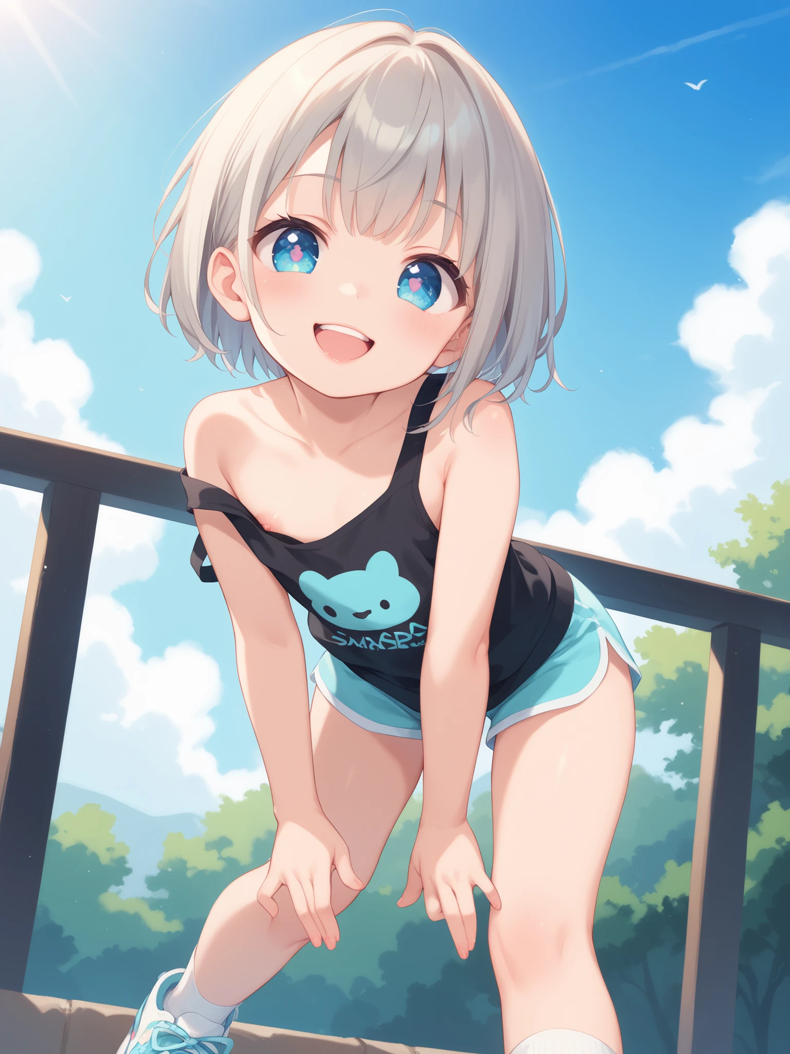 (Solo), (Full body shot), (1 boy), ((about )), (Young boy), (Cute), Happy, (Golden silver hair), (Baby face, round face), (Big cute eyes), ((Sky blue clear eyes)), ((Mischievous expression)), (Half-open lips), (Healthy teeth),
BREAK, (Narrow shoulders), (((bare shoulders))), (Black sleeveless tank top under hoodie), (Beige short-sleeved hoodie), Cotton shorts, Socks, (Black and white colored sneakers), (Arms on waist), ((Bent forward)), (Character focus), Pretty thighs, Slim thighs,
BREAK, (Masterpiece), Top quality, High quality, (High detail), High resolution, (Clear lines), (Full color), ((Pastel style, Pastel colors)), (Detailed face), ((Highly detailed eyes, Detailed Pupils)),
BREAK, Perfect anatomy, Nice hands, Looking at the viewer, Standing, ((Front view)), (From below), (Cinematic angle), No background,