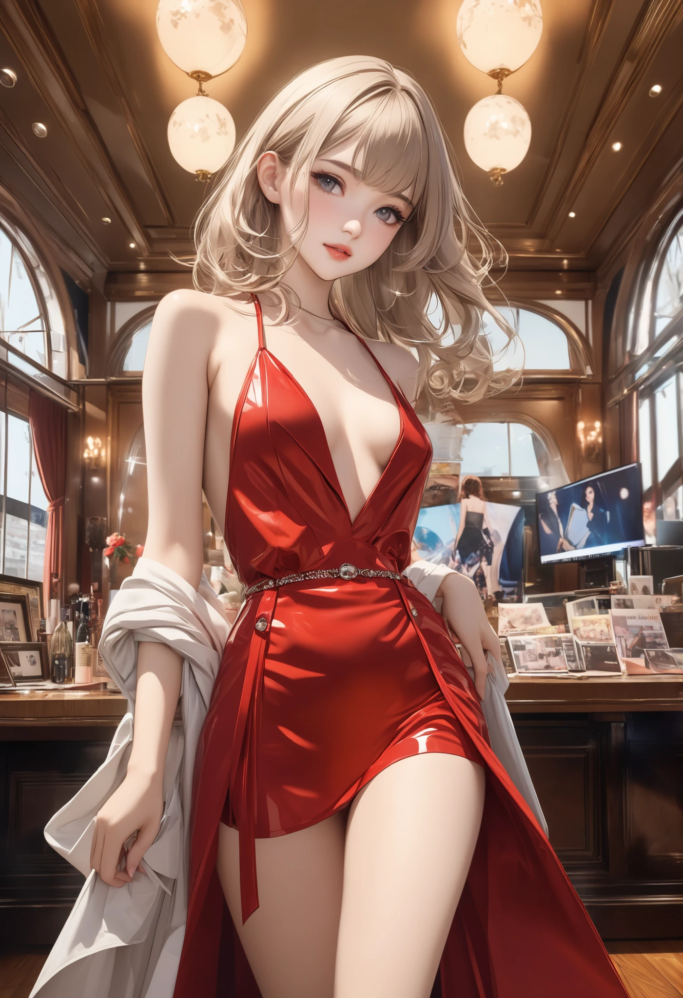 um close up de uma mulher em um espartilho preto posando para uma foto, IMVU, Succubus em vestido curto apertado, ((vestindo manto aristocrata)), Avatar do Second Life, Segunda vida, Long shiny ethereal light blonde hair, close up tiro de meio corpo, Close-up de corpo inteiro, corpo inteiro disparado de perto, Phtoto em tons de cinza com vestido vermelho,peitos grandes ,pele realista 8k super realista