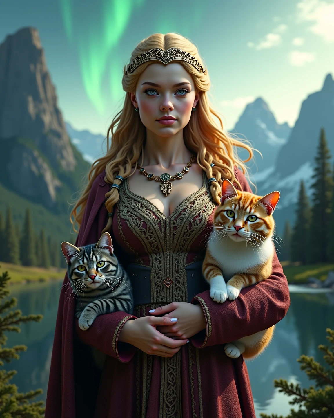 An epic image of the Norse goddess Freya with her cats in her arms 