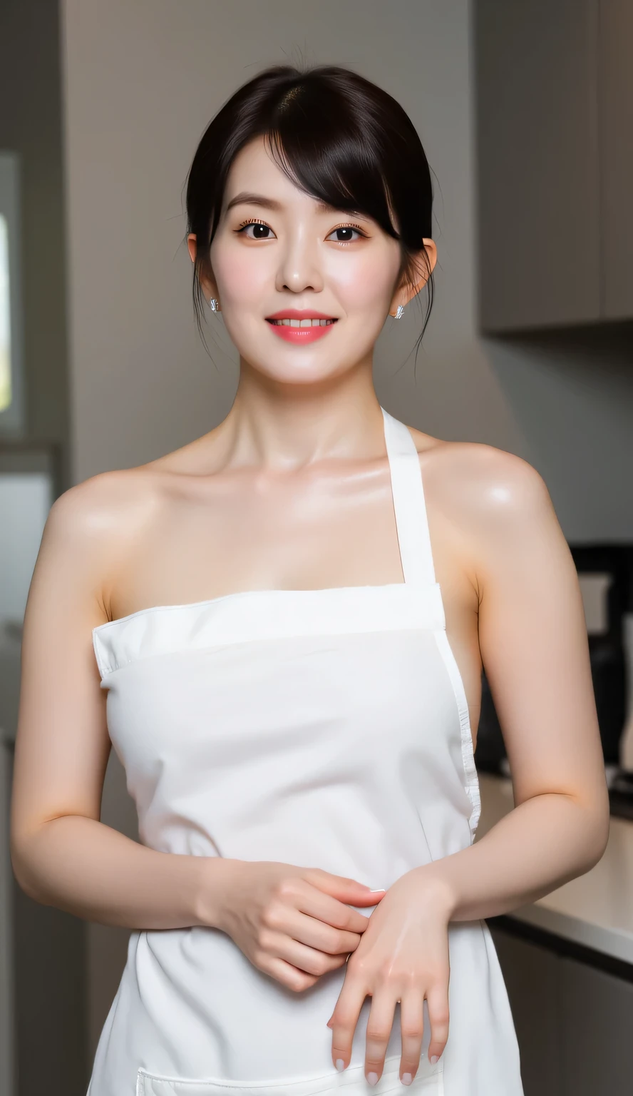a woman, stand up straight in the kitchen, body facing front, Eyes looking at the camera, both hands folded on the stomach, use only a long apron of white color, big size G-cup, short hair of black color, face seductive expression,